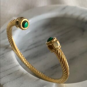 Gold Stainless Steel & Green Open Twisted Cuff Bracelet
